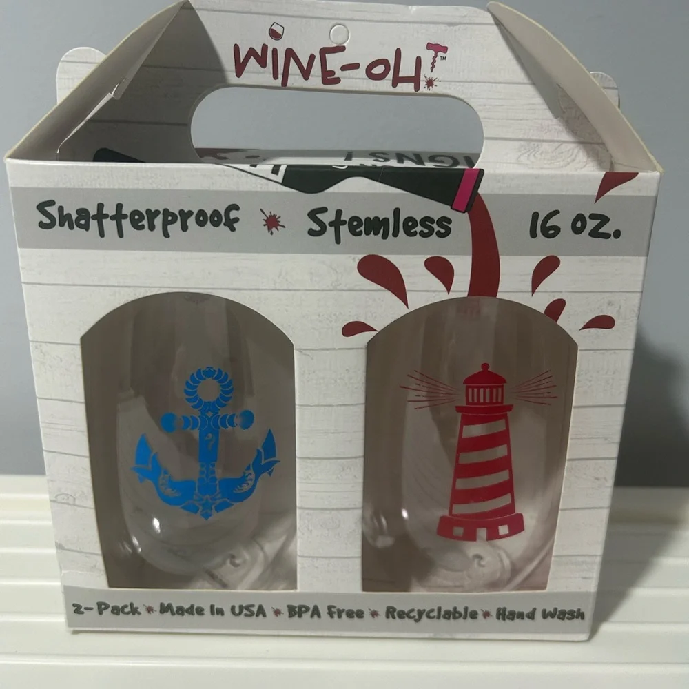 Nautical Shatterproof Plastic Stemless Wine Glass Set